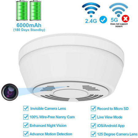Smoke Detector WiFi Night Vision Security Camera,Motion Activated with 180 Days Battery Power,Remote Internet Access,Night Vision,SD Card Slot,Bottom View Lens for Home Security