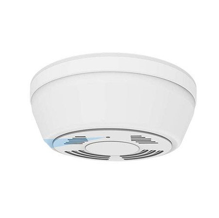 Fuvision Battery Powered Dummy Smoke Detector WiFi Night Vision Security Camera Down View, Motion Activated with 180 Days Battery Power, Remote Internet Access, Night Vision, SD Card Slot, Bottom View Lens for Home Security - image shows a white, round, ceiling-mounted security device with vent details on the bottom