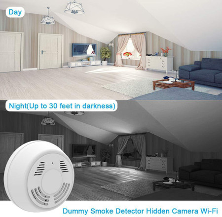 Fuvision Battery Powered Dummy Smoke Detector WiFi Night Vision Security Camera, bottom view, showing lens for home security, motion activation, 180 days battery life, night vision, SD card slot, and remote internet access, installed in a living room.