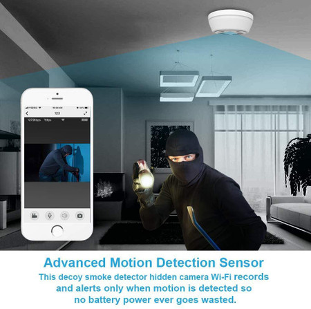 Fuvision Battery Powered Dummy Smoke Detector WiFi Night Vision Security Camera, bottom view lens, motion activated with 180 days battery life, remote internet access, SD card slot, home security camera.
