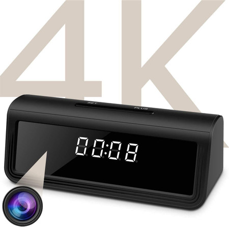 Mini Gadgets Desk Clock 4K WiFi Hidden Surveillance Camera, black digital clock with LED display and hidden camera lens for security and monitoring. Mini Gadgets Desk Clock 4K WiFi Hidden Surveillance Camera, black digital clock with LED display and hidden camera lens for security and monitoring.