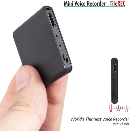 Gio Enterprises Slimmest Voice Activated Recorder with 145 Hours Recording Capacity, MP3 Records, 24 Hours Battery Time, Metal Case, shown being held in hand and dimensions provided by a ruler.