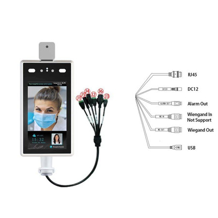 Kjb Security Body Temperature Scanner Camera, a digital temperature screening device with a touchscreen display showing a woman wearing a face mask and temperature reading, connected to multiple cables and ports for data transfer and alarm integration.