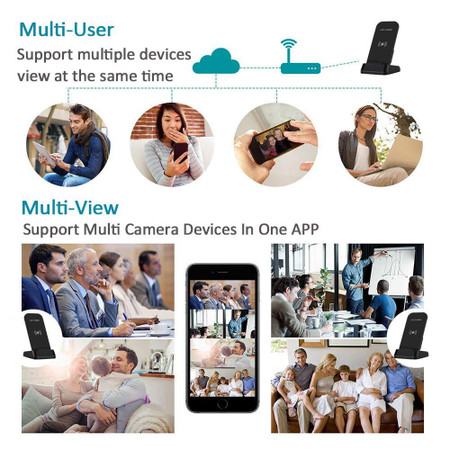 Gio Enterprises Fast Wireless Charger Surveillance Camera With Night Vision, a black wireless security camera with night vision capabilities and a fast wireless charging function.