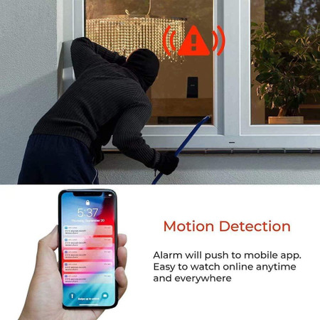 Gio Enterprises Fast Wireless Charger Surveillance Camera With Night Vision, security camera capturing a burglar at night with motion detection alert on mobile phone.
