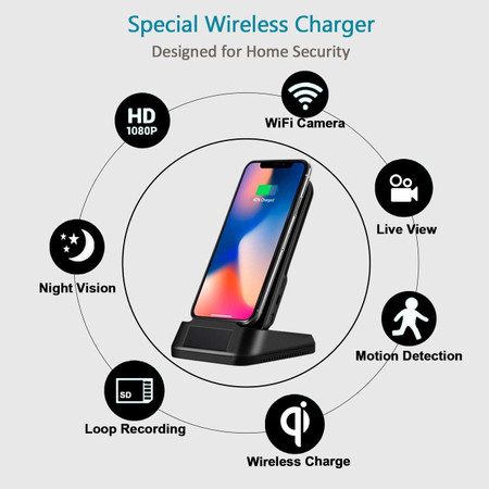 Gio Enterprises Fast Wireless Charger Surveillance Camera with Night Vision, black wireless charging stand with smartphone displaying charging icon, surrounded by icons representing HD 1080P video, WiFi camera, live view, motion detection, night vision, SD loop recording, and Qi wireless charging, designed for home security.