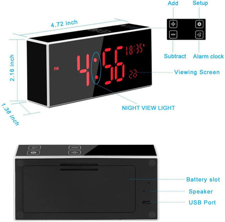 Gio Enterprises Wi Fi Clock WiFi Surveillance Camera with Night Vision and 160 Degree Angle, digital clock with LED display, showing time, date, temperature, and equipped with night view light, and a remote control for setup and motion detection support.