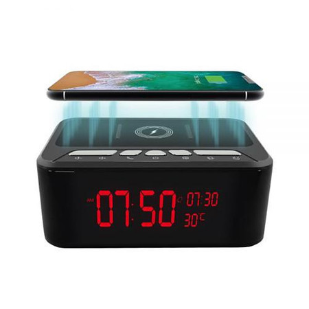Alarm Clock-Wireless Phone Charger and Bluetooth Speaker with Night Vision Wi-Fi Surveillance Camera, video only, showing a digital alarm clock with large red display, wireless charging pad, and Bluetooth speaker on top.