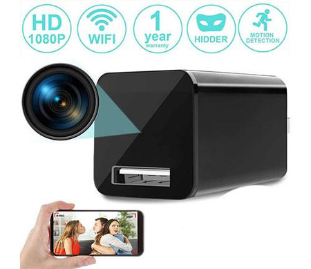 Gio Enterprises Phone Charger WiFi Surveillance Camera HD 1080P with Live Streaming Video, compact black surveillance device with a camera lens and a USB port, showcasing its features such as HD 1080P resolution, WiFi connectivity, hidden design, motion detection, and one-year warranty.