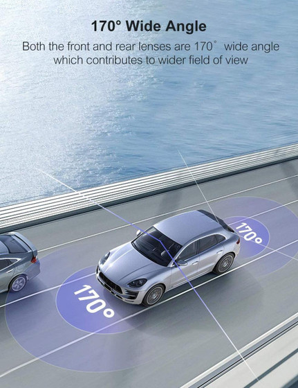 Custom Wifi Dash Cam, front and rear view with 170° wide angle lenses for cars with HDR, 3 inch LCD, support for 128GB memory, GPS, loop recording, motion sensor, G-sensor, and supercapacitor technology