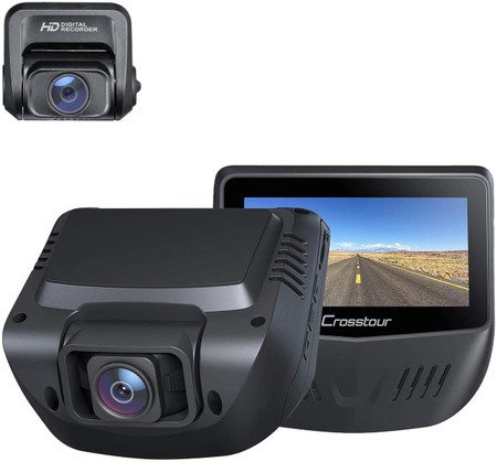 Custom Wifi Dash Cam, 1080P Car Camera Front and Rear, 170° Wide Angle Driving Recorder with GPS, 3-inch LCD, HDR, Supports 128GB, Supercapacitor, Motion Sensor, G-Sensor, Loop Recording, black and gray dash cam with roadside view display.