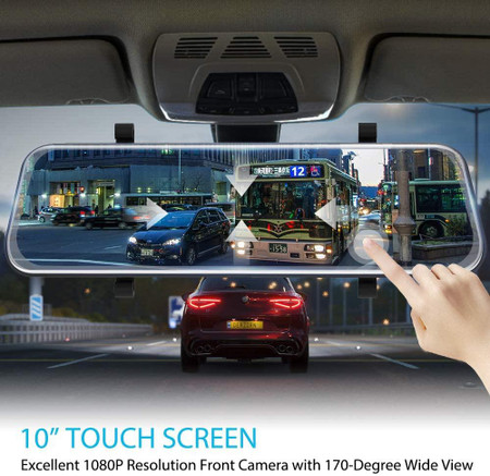 Custom Wifi Mirror Dash Camera for Cars - 10'' Backup Camera 1080P Dual Dash Cam Front and Rear Stream Media Touch Screen DVR with Sony IMX307 G-Sensor Parking Monitor 32 GB SD Card, image showing a car's rearview mirror with a built-in touchscreen displaying a wide-angle view of city traffic and a finger pointing at the screen.
