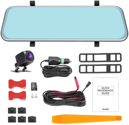 Custom Wifi Mirror Dash Camera for Cars, 10-inch dual dash cam with 1080P resolution, front and rear cameras, touch screen media DVR with Sony IMX307 sensor, G-sensor, parking monitor, includes 32 GB SD card, with various mounting accessories and power cables.