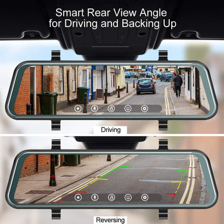 Custom Wifi Mirror Dash Camera for Cars - 10'' Backup Camera 1080P Dual Dash Cam Front and Rear Stream Media Touch Screen DVR with Sony IMX307 G-Sensor Parking Monitor 32 GB SD Card - image showing the dash camera with smart rear view angle for driving and backing up with color-coded parking assist guidelines.