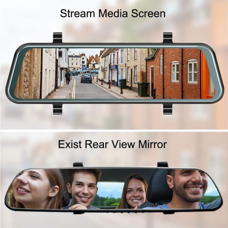 Custom Wifi Mirror Dash Camera for Cars, featuring a 10-inch touch screen media stream display and dual camera setup with front and rear views, including a backup camera and a rearview mirror display showing happy car passengers.