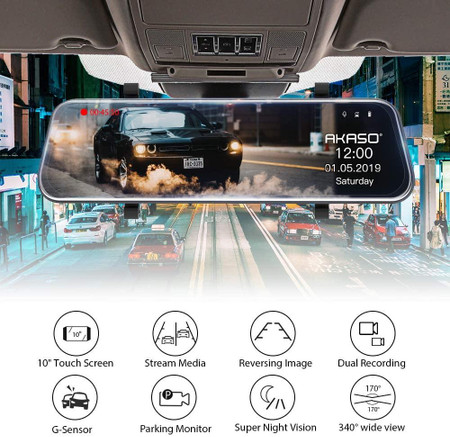 Custom Wifi Mirror Dash Camera for Cars - 10'' Backup Camera 1080P Dual Dash Cam Front and Rear Stream Media Touch Screen DVR with Sony IMX307 G-Sensor Parking Monitor 32 GB SD Card (DL9), a sleek black dash camera mounted on a car's windshield displaying a car on the road at night.