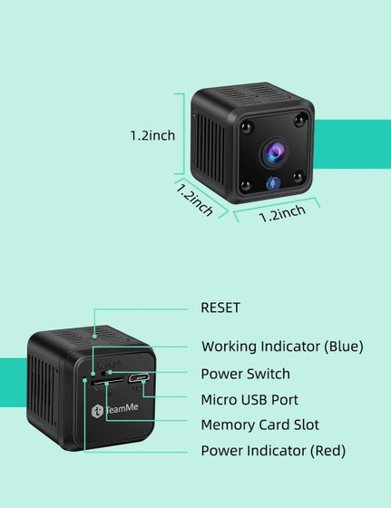 Custom Wifi Mini Camera, small black home security camera with 1080P HD resolution, night vision, motion detection, and rechargeable feature, compact 1.2 x 1.2 x 1.2 inches