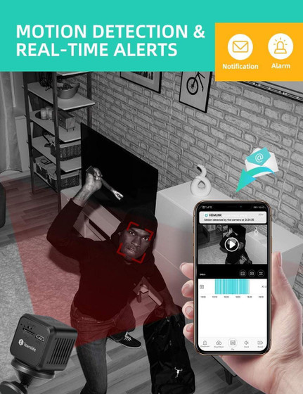 Custom Wifi Mini Camera, WiFi Wireless Security Camera, 1080P HD Small Home Security Camera with Night Vision, Motion Detection, Rechargeable, image showing a person being detected by the camera with a smartphone alert in a modern living room.