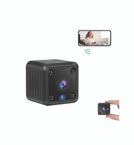 Custom Wifi Mini Camera, WiFi Wireless Security Camera, 1080P HD Small Home Security Camera with Night Vision, Motion Detection, Rechargeable, compact black security device with wide-angle lens, shown connected to a smartphone for remote monitoring.