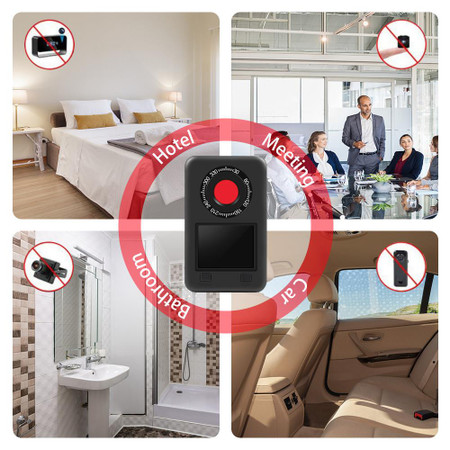 Surveillance Camera Detector Night Vision Light Detection IR Scanning, device with a red scanning circle, used for detecting surveillance cameras with icons showing no cameras in hotel room, meeting room, bathroom, and car interior.