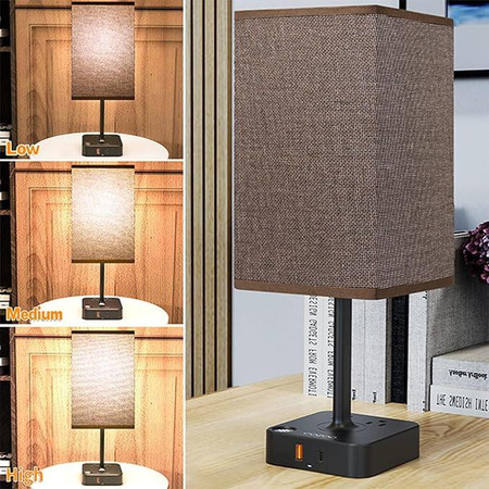 Product Csc electronics UHD 4K WiFi Lamp USB Charging Station Bedside Security Camera with Live View WiFi + DVR, close-up of a stylish table lamp with built-in security camera, USB charging station, and adjustable brightness settings in different lighting modes.