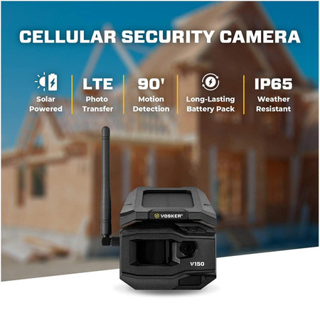 Custom Wifi Vosker TE Cellular Security Camera, outdoor solar-powered wireless security camera with LTE connectivity, weather-resistant IP65, and mobile photo alerts, designed for remote surveillance.