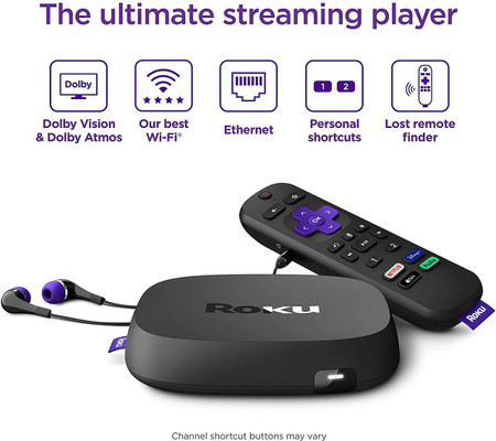 Csc electronics 4K UHD WiFi Roku Player Security Camera + DVR Live View Remote Monitoring, black Roku device with purple accents and remote control with channel shortcut buttons and streaming app buttons.