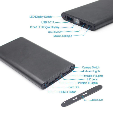 Gio Enterprises Power Bank Security Camera, HD 1080P mini video recorder with night vision in black, showing various ports, indicator lights, IR lights, HD lens, and card slot.