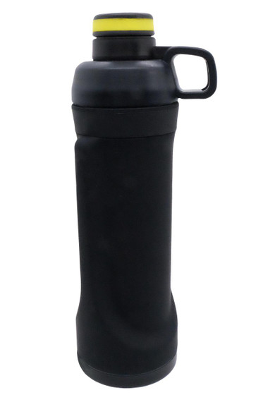 Mini Gadgets 4K UHD Gym Water Bottle Security with DVR, 20 Hour Battery & WiFi Remote View, black water bottle with a built-in security camera and handle.