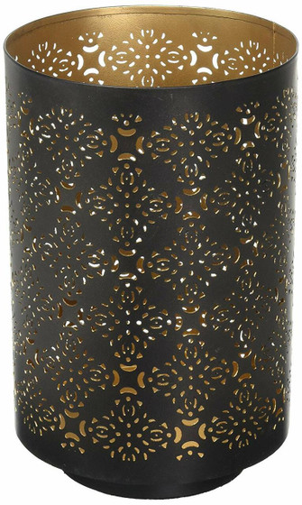 Csc Electronics Candle Holder With 4K UHD WiFi Security Camera Inside and 20 Hr Battery, decorative black metal candle holder with intricate cut-out floral patterns.