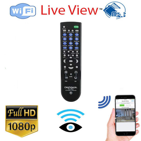 Custom Wifi 1080P HD WIFI Remote View TV Remote Control Full Motion Detection Home Security Cam, showcasing a black universal TV remote control with multiple buttons, a WiFi icon, and a smartphone displaying real-time security camera footage.
