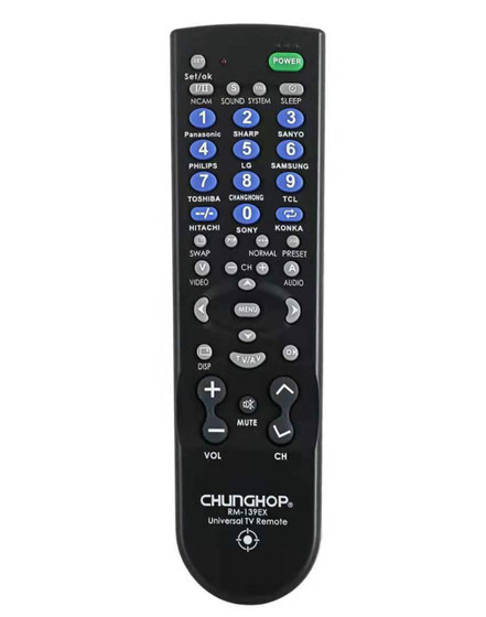 Custom Wifi 1080P HD WIFI Remote View TV Remote Control Full Motion Detection Home Security Camera, black universal TV remote control with various buttons for remote viewing and motion detection.