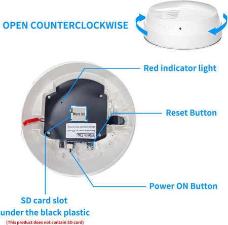 Battery Powered Dummy Smoke Detectors WiFi Security Camera Side View with Night Vision and Long Battery Life, showcasing internal components including a micro SD slot, reset button, power button, and red indicator light.