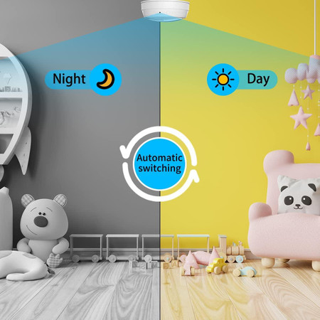 Battery Powered Dummy Smoke Detectors WiFi Security Camera Side View with Night Vision and Long Battery Life, showing automatic switching between night and day modes.