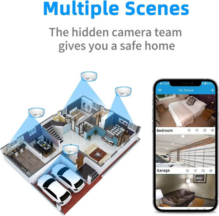 Battery Powered Dummy Smoke Detectors WiFi Security Camera Side View with Night Vision and Long Battery Life, shown mounted in a home for security surveillance.