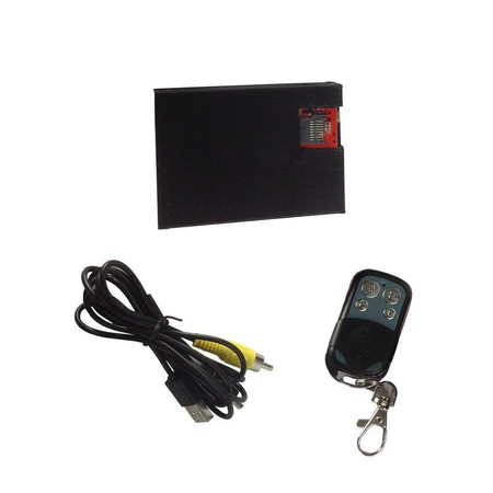 Csc electronics Cigarette Pack Insert Self Recording Camera 1080P DVR With 6 Hr Battery (NO WiFI), image showing a black rectangular device, a remote control, and a USB power cable.