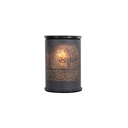 Csc Electronics Wax Warmer With 4K UHD WiFi Security Camera Inside, fully functional, decorative black wax warmer with a perforated design showing a tree and sunset scene.