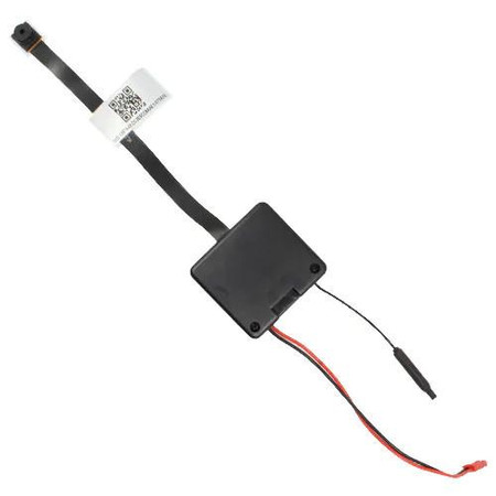 1080P HD Duel Band 2.5 and 5.85 GHz WiFi Camera Module with Live Streaming Audio and Video, and 1500mAh Battery, product image showing the compact camera module with attached wires and a QR code label.