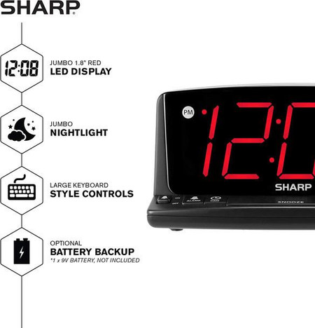 Csc Electronics Alarm Clock Security Camera with 4K UHD Live Streaming Video and SD Card Recording, digital alarm clock featuring a bright red LED display, nightlight, large keyboard for style controls, and optional battery backup.