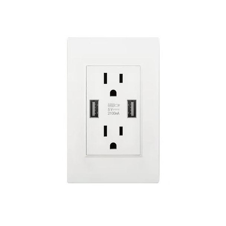 Csc Electronics UHD 4K WiFi Functional Outlet Receptacle Dual USB Surveillance Camera with Live View WiFi + DVR, white electrical outlet with dual USB ports and built-in surveillance camera.