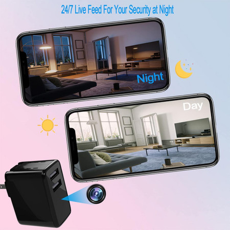 Custom Wifi 2 USB WiFi Security Camera Wall Phone Charger Plug Adapter, showing a security camera, two smartphones displaying live feed of a living room at night and day, with icons of the moon and sun to indicate night and day modes.