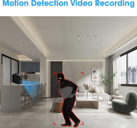 Custom Wifi 2 USB WiFi Security Camera Wall Phone Charger Plug Adapter, image of a security camera installed on a kitchen wall capturing a thief in a modern living room.