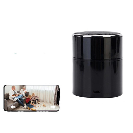 1080P HD Bluetooth Speaker WiFi Hidden Security Camera, black cylindrical device with a mesh top, connected to a smartphone showing a family playing together.