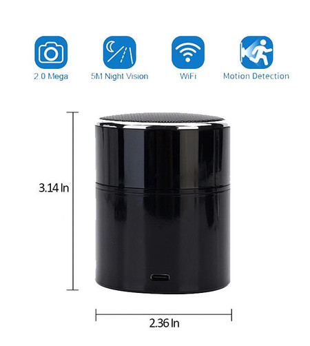 Product 1080P HD Bluetooth Speaker WiFi Hidden Security Camera, portable black device with 2.4Ghz and 5Ghz WiFi, 2MP camera, night vision, motion detection features, measuring 3.14 inches in height and 2.36 inches in width.