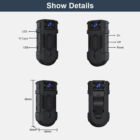 1080P HD Body Camera with Night Vision and Tilt Lens, No WiFi, detailed image showing front and side views, dimensions, and controls.