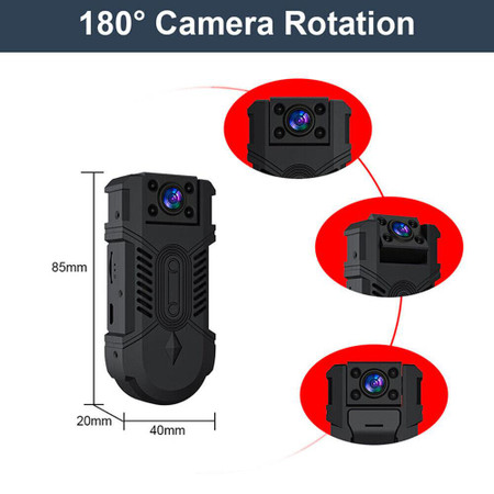 1080P HD Body Camera With Night Vision and Tilt Lens, no WiFi, compact black recording device measuring 85mm in height, 40mm in width, and 20mm in depth, featuring a 180-degree camera rotation for versatile angle capturing.