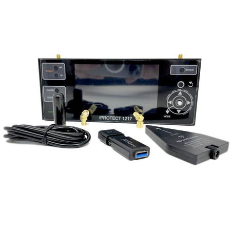 Kjb Security iProtect Multi-Channel Wireless Detector, security system with wireless sensors, control panel, USB device, and connecting cable.