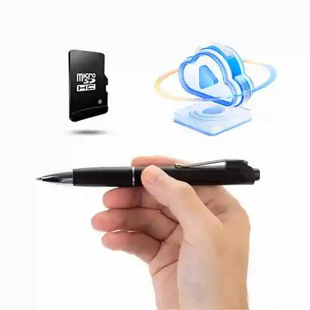 Gio Enterprises Pen Long Standby WiFi Audio Recorder, handheld pen-shaped audio recording device with a micro SD card and cloud storage icons in the background.