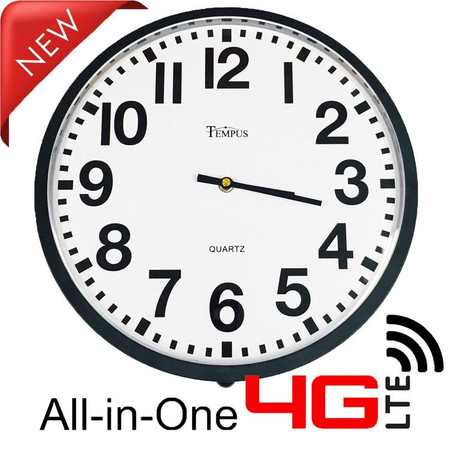 4G LTE All-in-One Battery Powered Wall Clock Security Camera, modern wall clock with a built-in video camera, Wi-Fi and 4G connection, for discreet security surveillance.