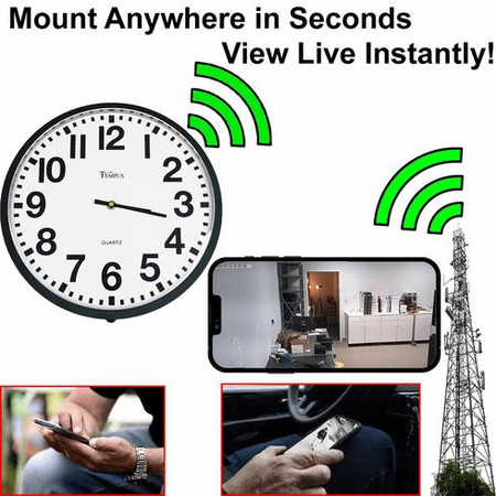 4G LTE All-in-One Battery Powered Wall Clock Security Camera, video surveillance camera with live streaming capability displayed on smartphone screen, featuring wireless signals and a traditional clock design.